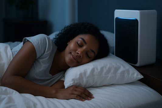 a woman having a peaceful sleep with an alpine product on the night stand